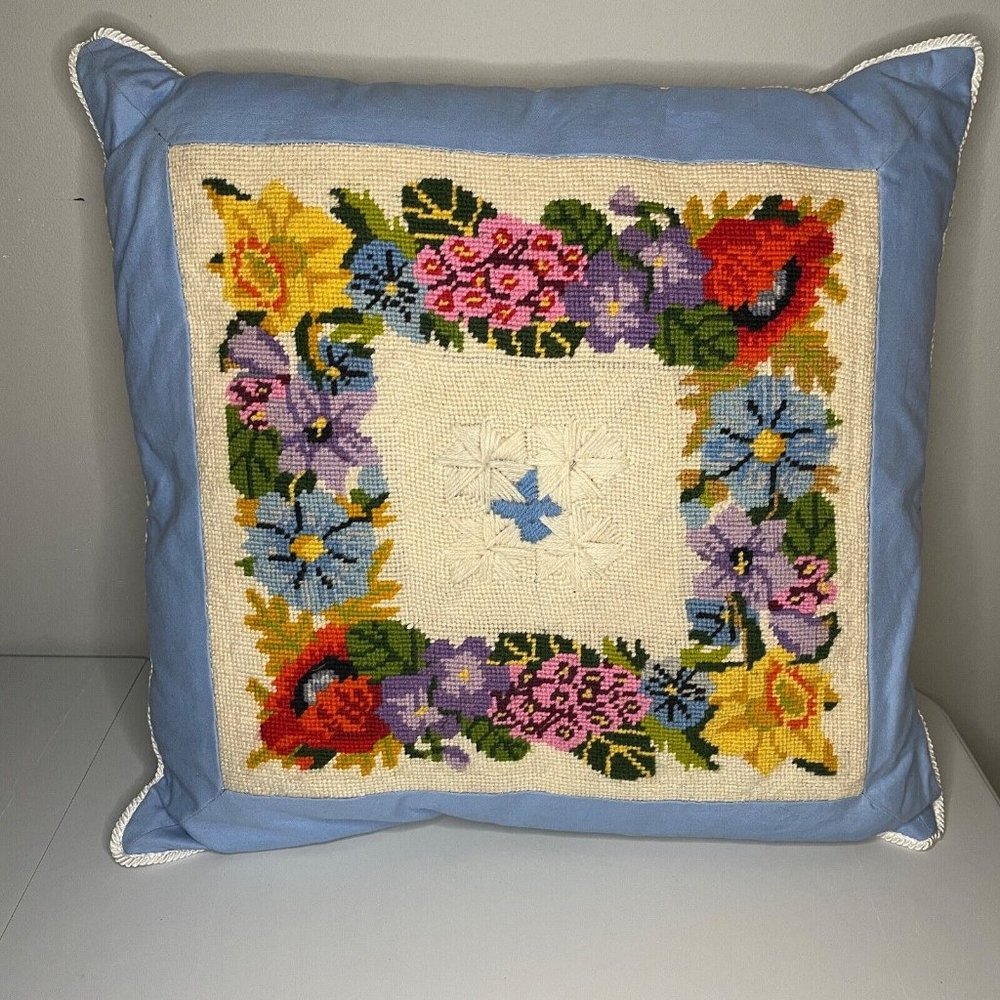 Vintage Handmade Needlework Pillow Case‎ Sham with Throw Pillow Floral 19x19